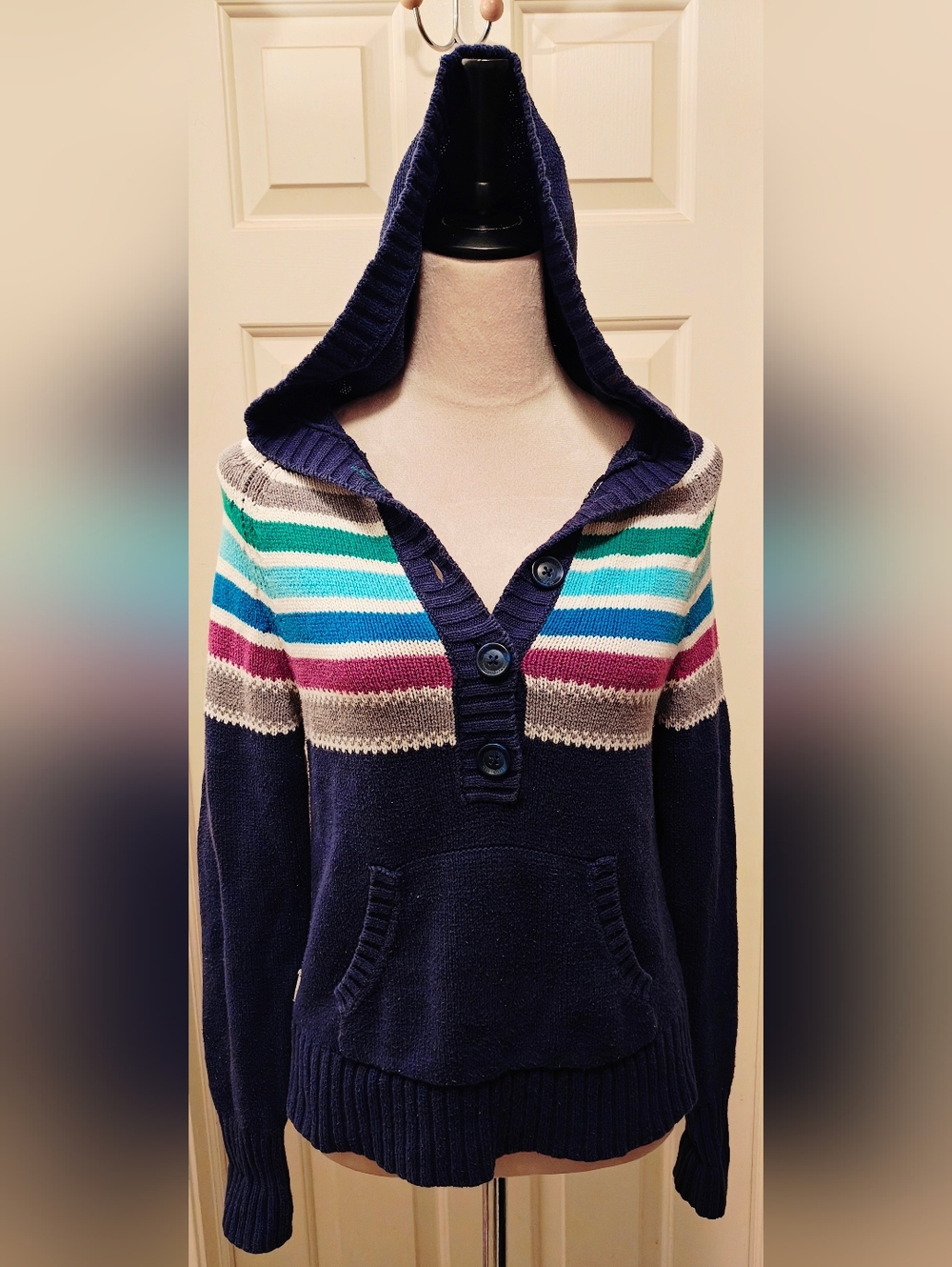 Y2K Aeropostale Navy & Striped Henley Hoodie Sweater.